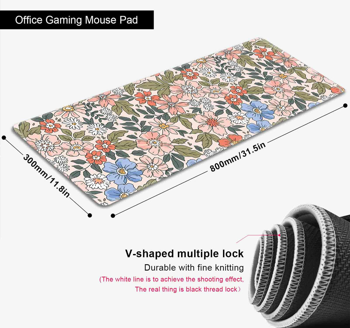 SXCKANG Pink Blue Floral Desk Mat Cute, XL Green Leaf Flowers Extended Mousepad, Non-Slip Rubber