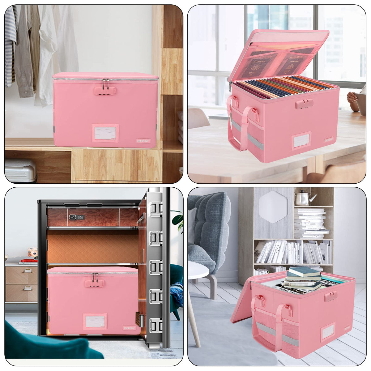 ENGPOW File Box with Lock, Fireproof Document Box with Zipper＆Pockets, Collapsible File Organizer