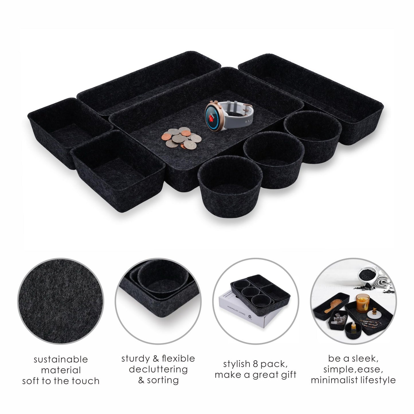 Welaxy office desk drawer organizer tray Storage Bin 8pc Sleek Carbon Box