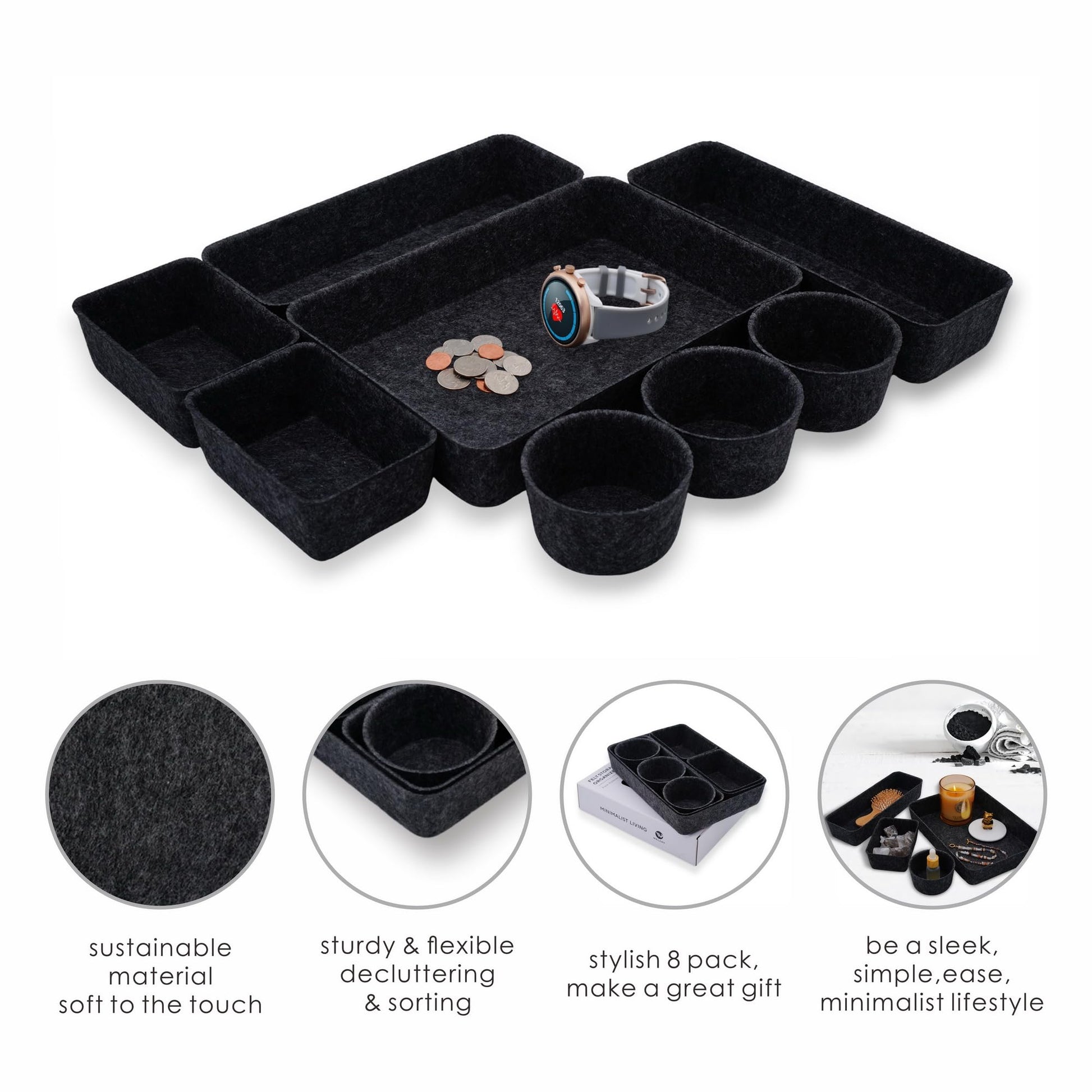 Welaxy office desk drawer organizer tray Storage Bin 8pc Sleek Carbon Box