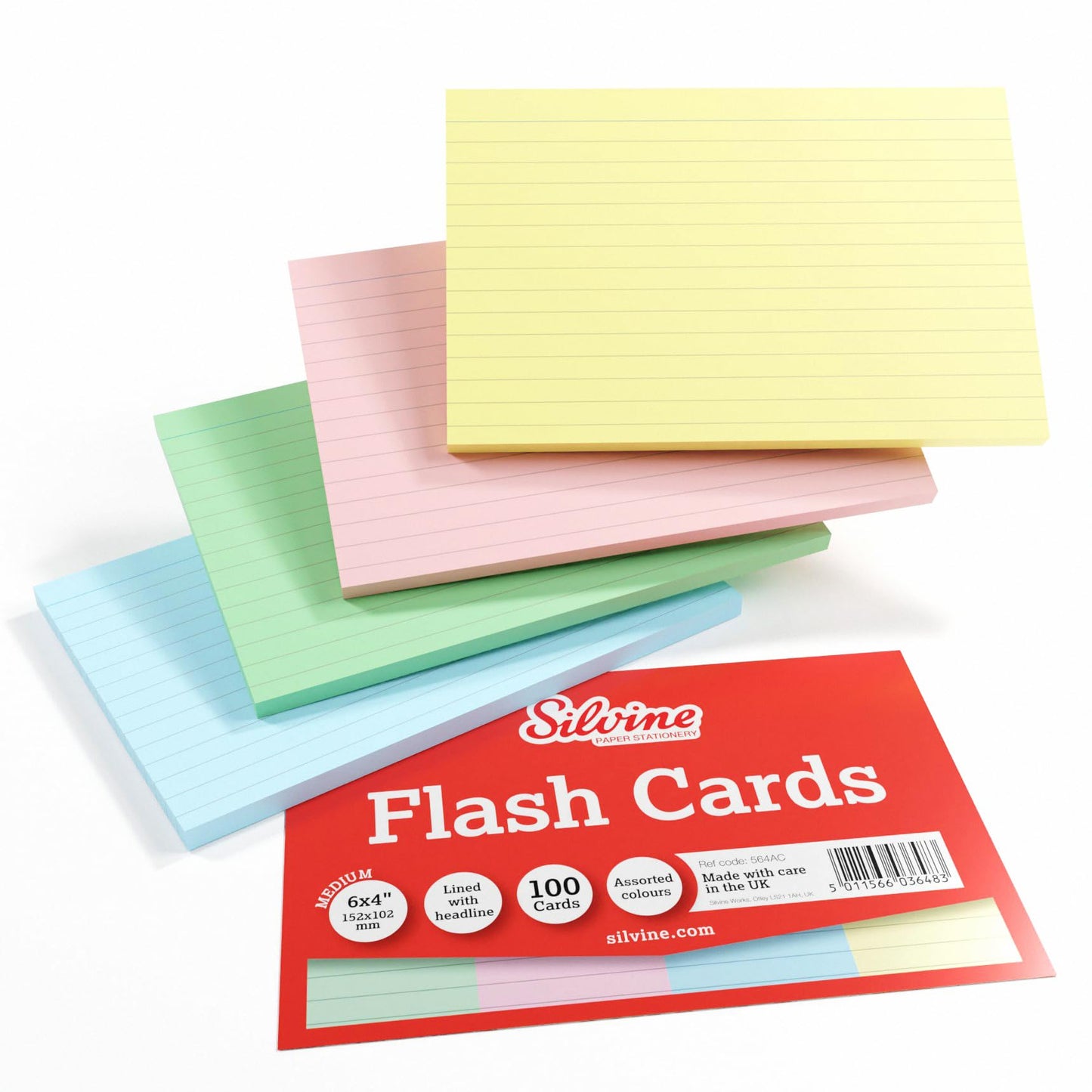 Silvine 6x4" Multi-Coloured Record Cards - Lined with Headline, 100 Cards per Pack. Ref 564AC (152