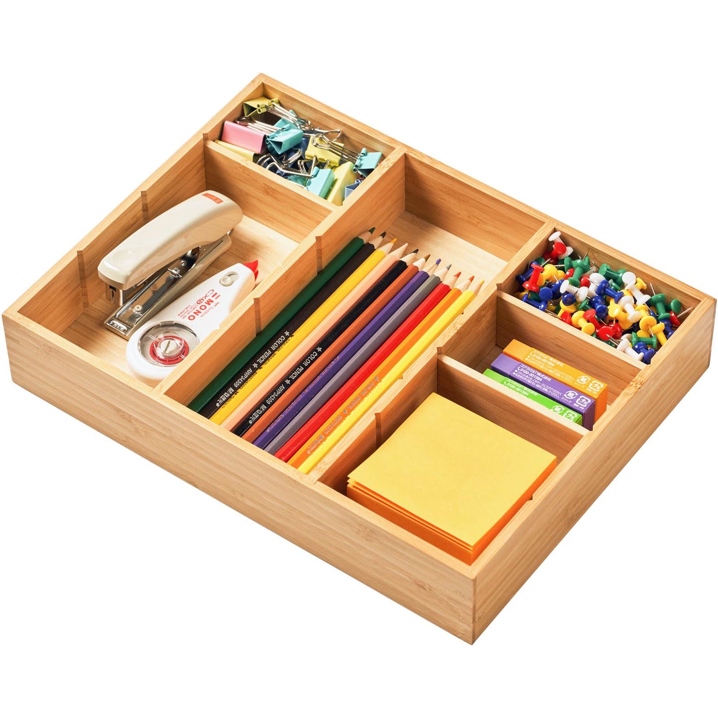 Umilife Bamboo Desk Drawer Organizer, Wood Junk Organizer Tray with Adjustable Dividers, Anti-Skip