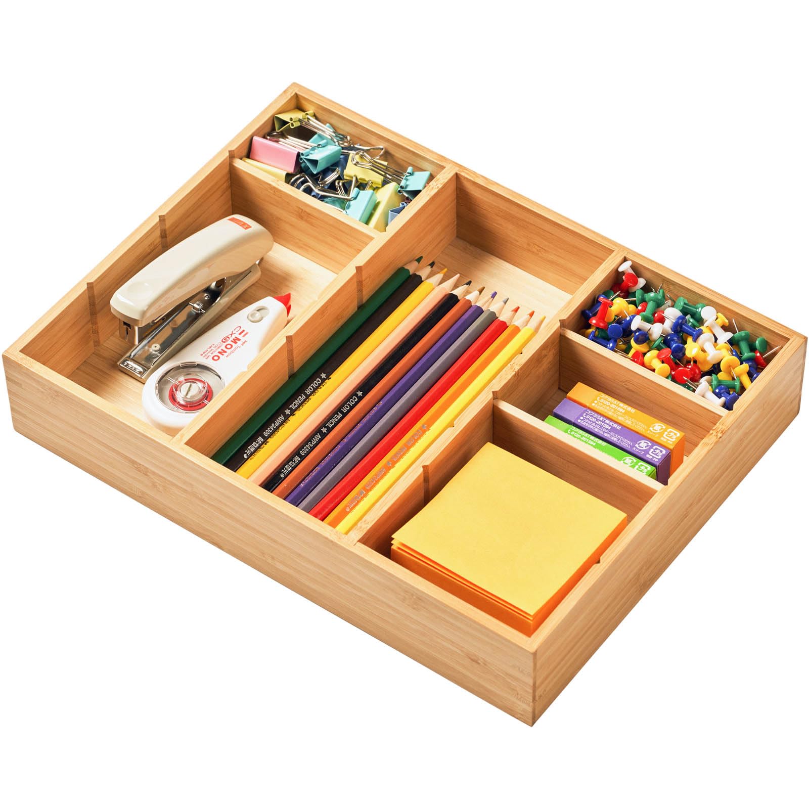 Umilife Bamboo Desk Drawer Organizer, Wood Junk Organizer Tray with Adjustable Dividers, Anti-Skip