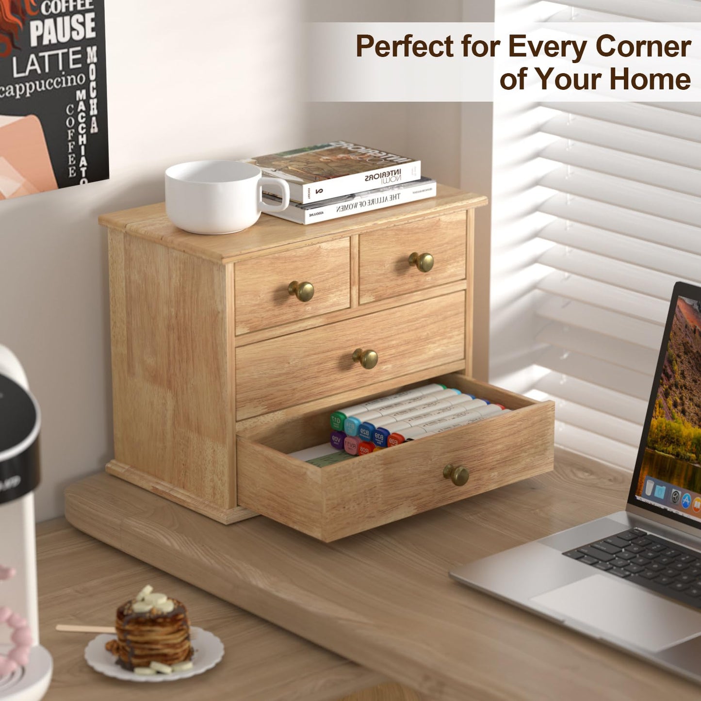 Oak Desk Organizer with Drawers, Durable Wooden Desktop Storage Box