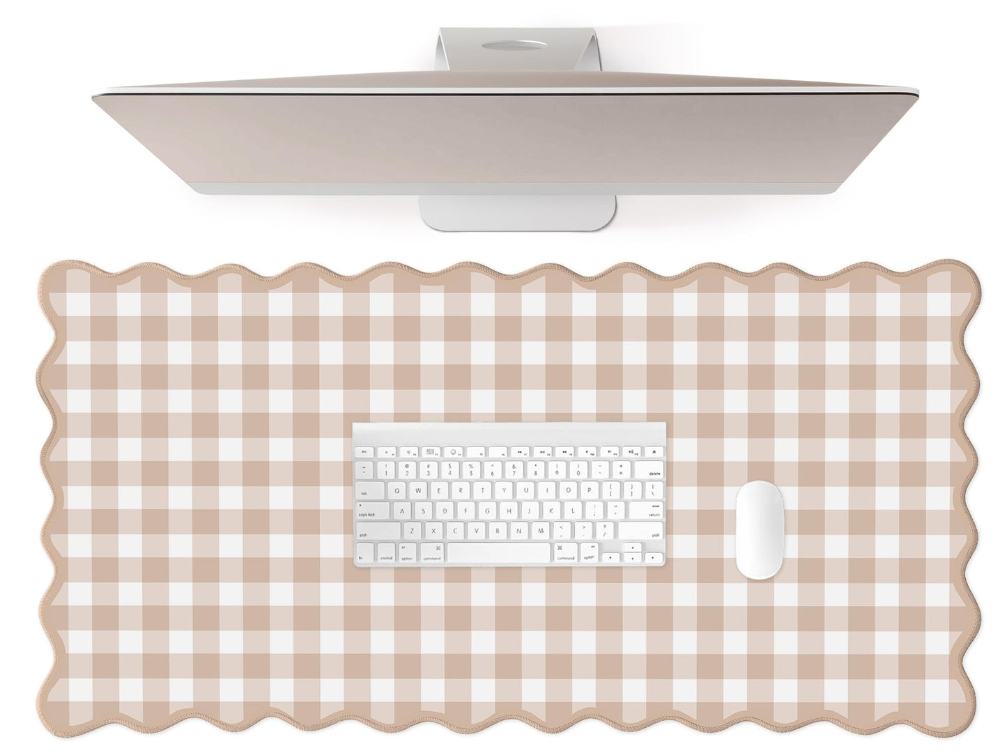 Scalloped‌ Checkered Desk Mat Cute Light Brown Gingham XXL Large Gaming Mouse Pad Farmhouse