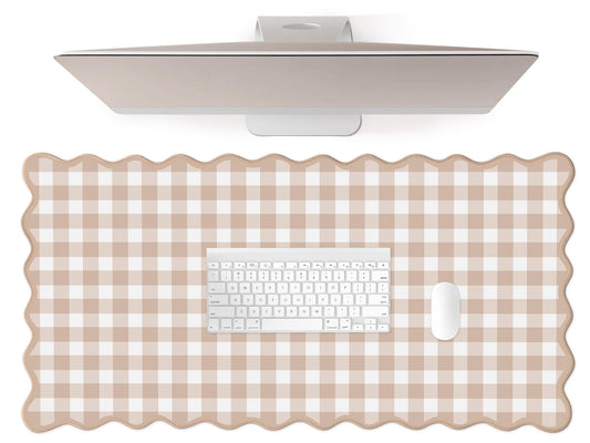 Scalloped‌ Checkered Desk Mat Cute Light Brown Gingham XXL Large Gaming Mouse Pad Farmhouse