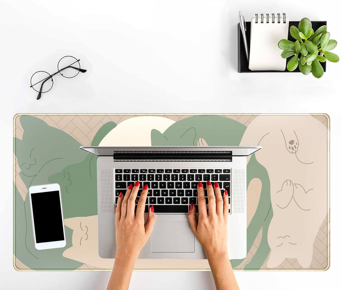 Cute Sleeping Cats Desk Mat Matcha Green Desk Pad, Minimalist Boho Mouse Pad XXL, Cream Tan Gaming