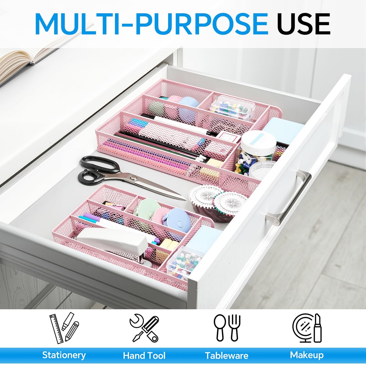 Desk Drawer Organizer, Office Drawer Divider Organizer Tray with 6 Compartments, Metal Mesh Desktop