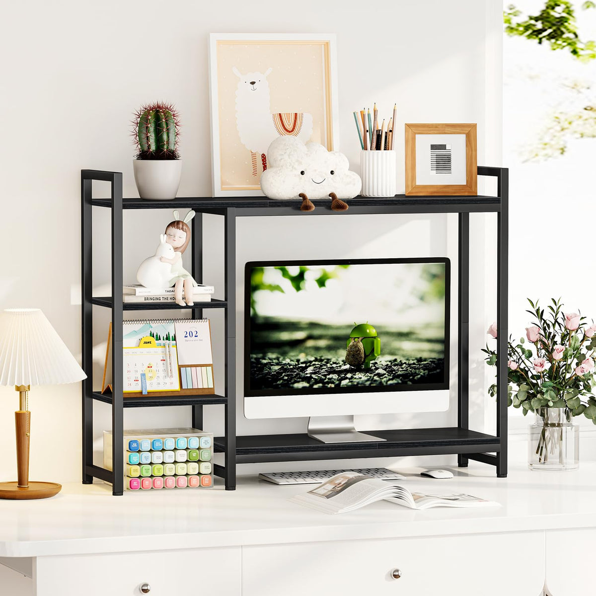 Snughome Adjustable Desk Shelf with Monitor Stand, 38.6" Desktop Organizer Hutch, Height Adjustable