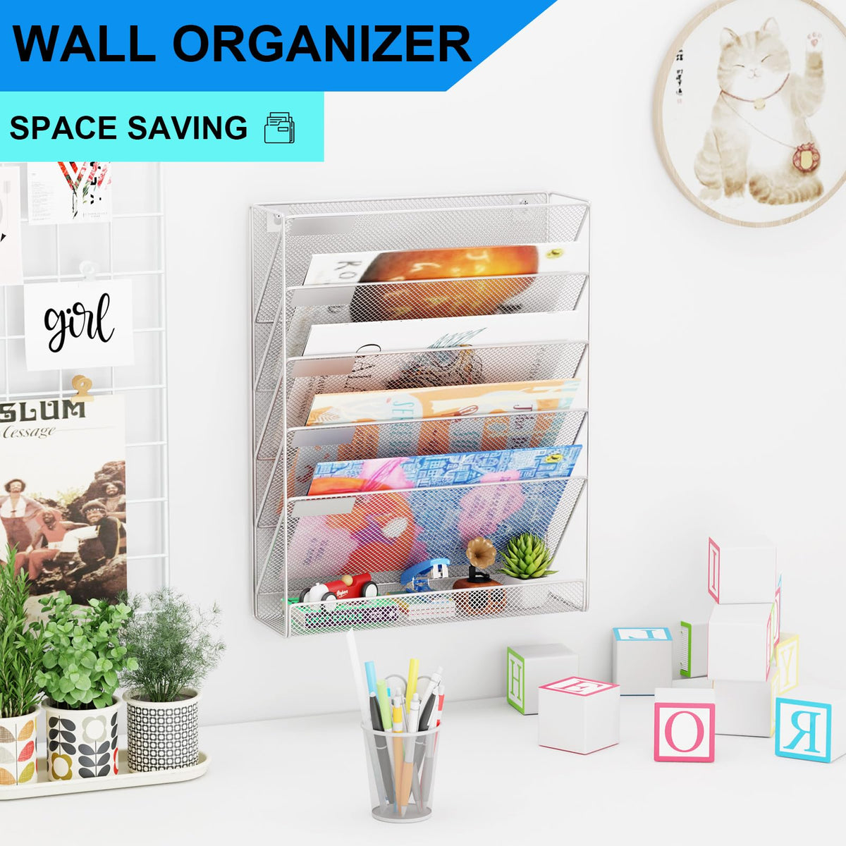 GDINDINFAN Wall File Organizer Holder Mesh Hanging Paper Document Holder, Vertical 6 Pocket Tier