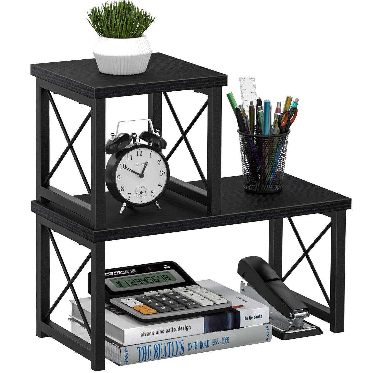 Honiter Desk Shelf Desktop Organizer 2 Tier Wood Small Bookshelf,Rustic Brown Freestanding