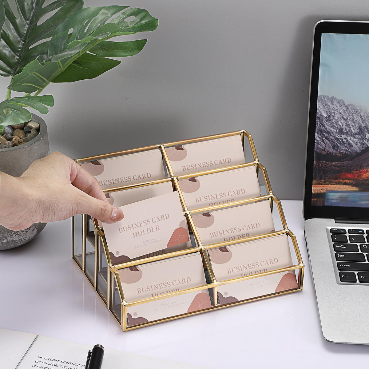 Hipiwe Mirrored Glass Business Card Holder 8-Slot Gold Card Display Stand
