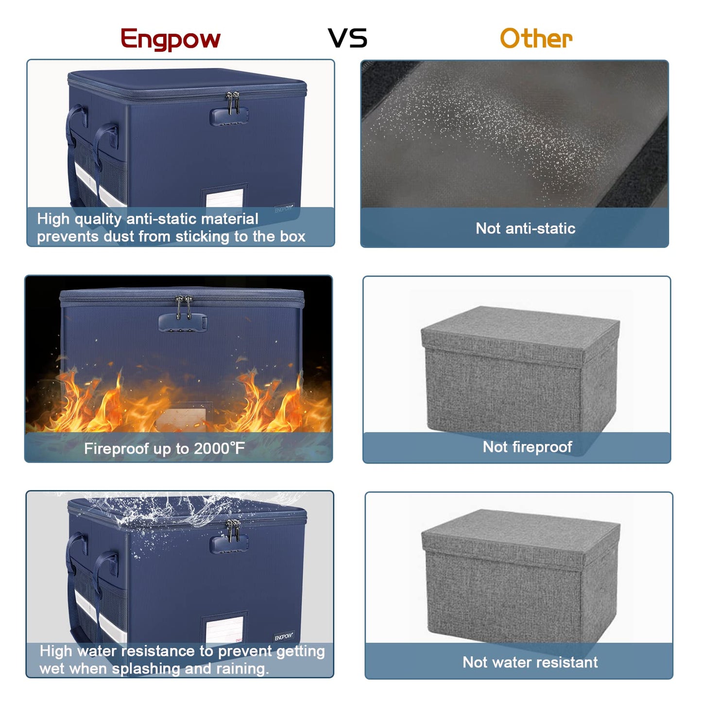 ENGPOW File Box with Lock, Fireproof Document Box with Pockets, Collapsible File Organizer Filing