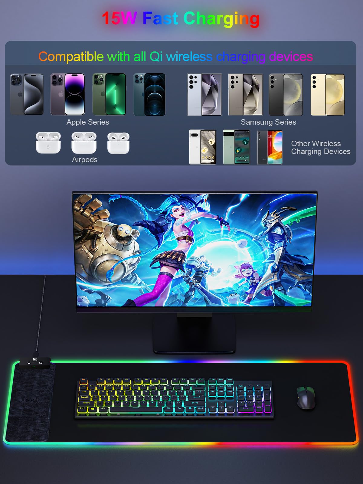 RGB Gaming Mouse Pad with Fast Wireless Charger, LED Extended Desk Mat, Home Office Large Desk Pad