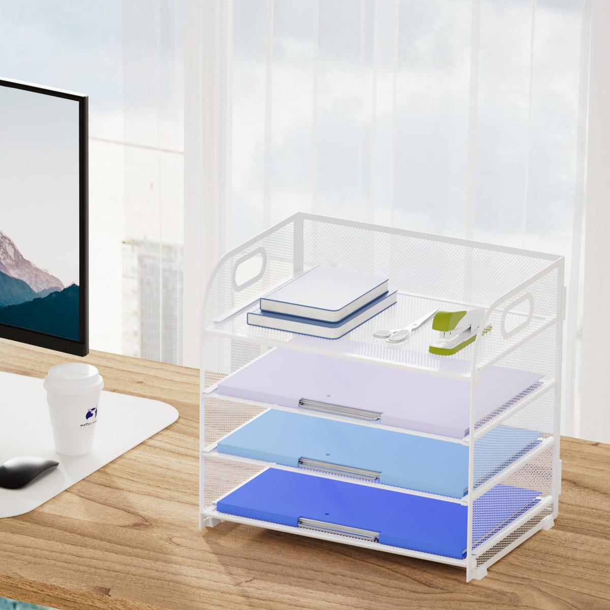 Marbrasse 2 Pack 4 Tier Paper Organizer Letter Tray - Mesh Desk File Organizer with Handle, Paper