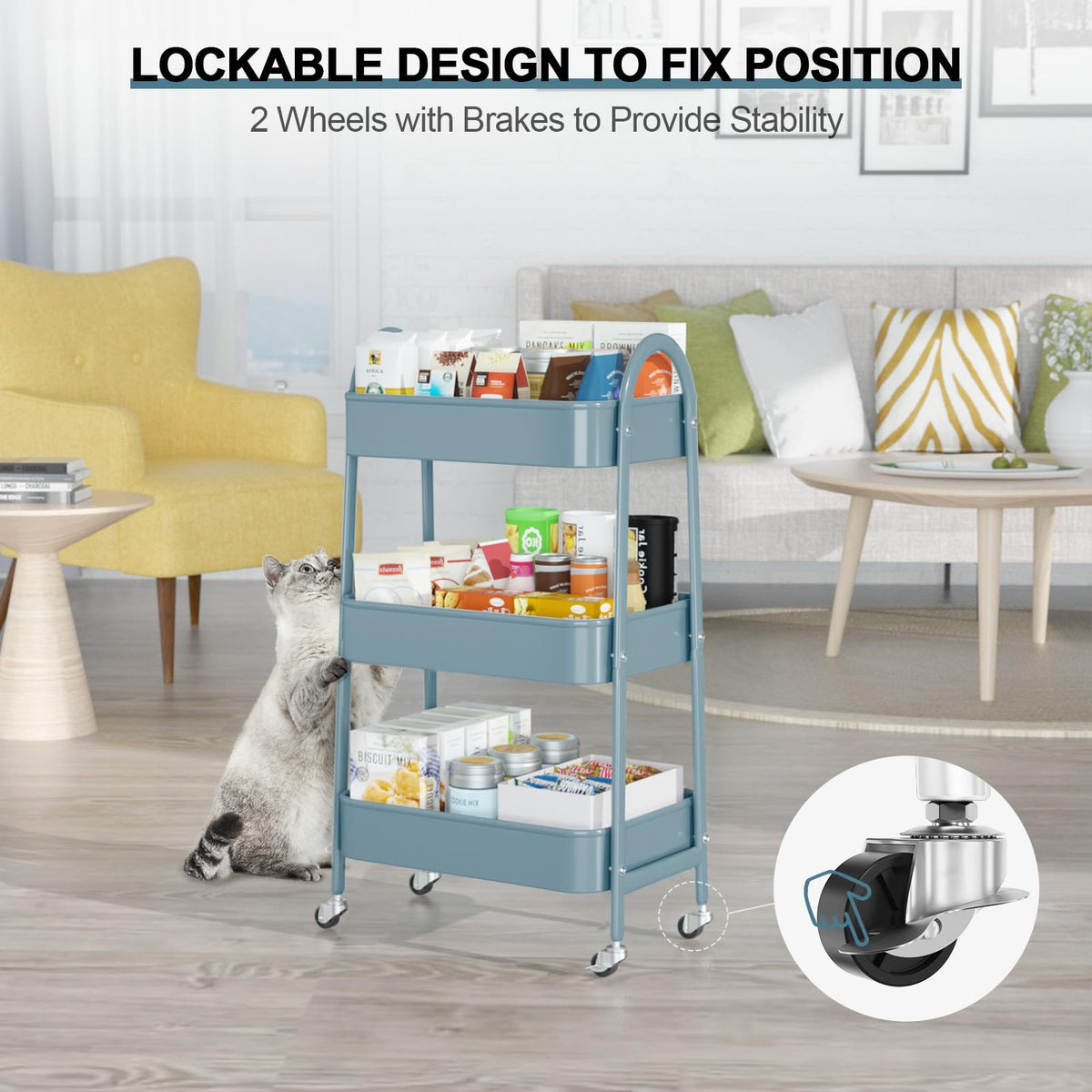 3 Tier Utility Rolling Cart, EAGMAK Metal Storage Cart with Handle and Lockable Wheels
