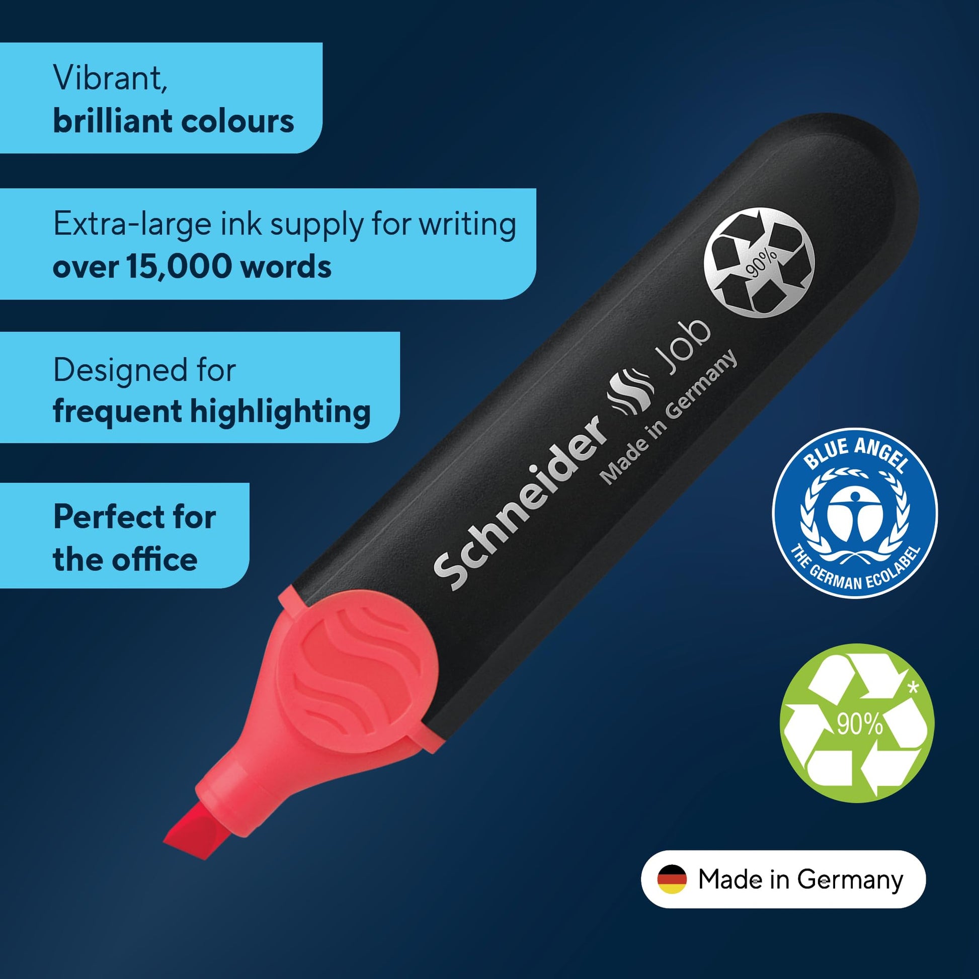 Schneider Job Highlighter, Chisel Tip, 1 + 5 mm, Black Barrel, Coral Ink, Box of 10 Highlighters