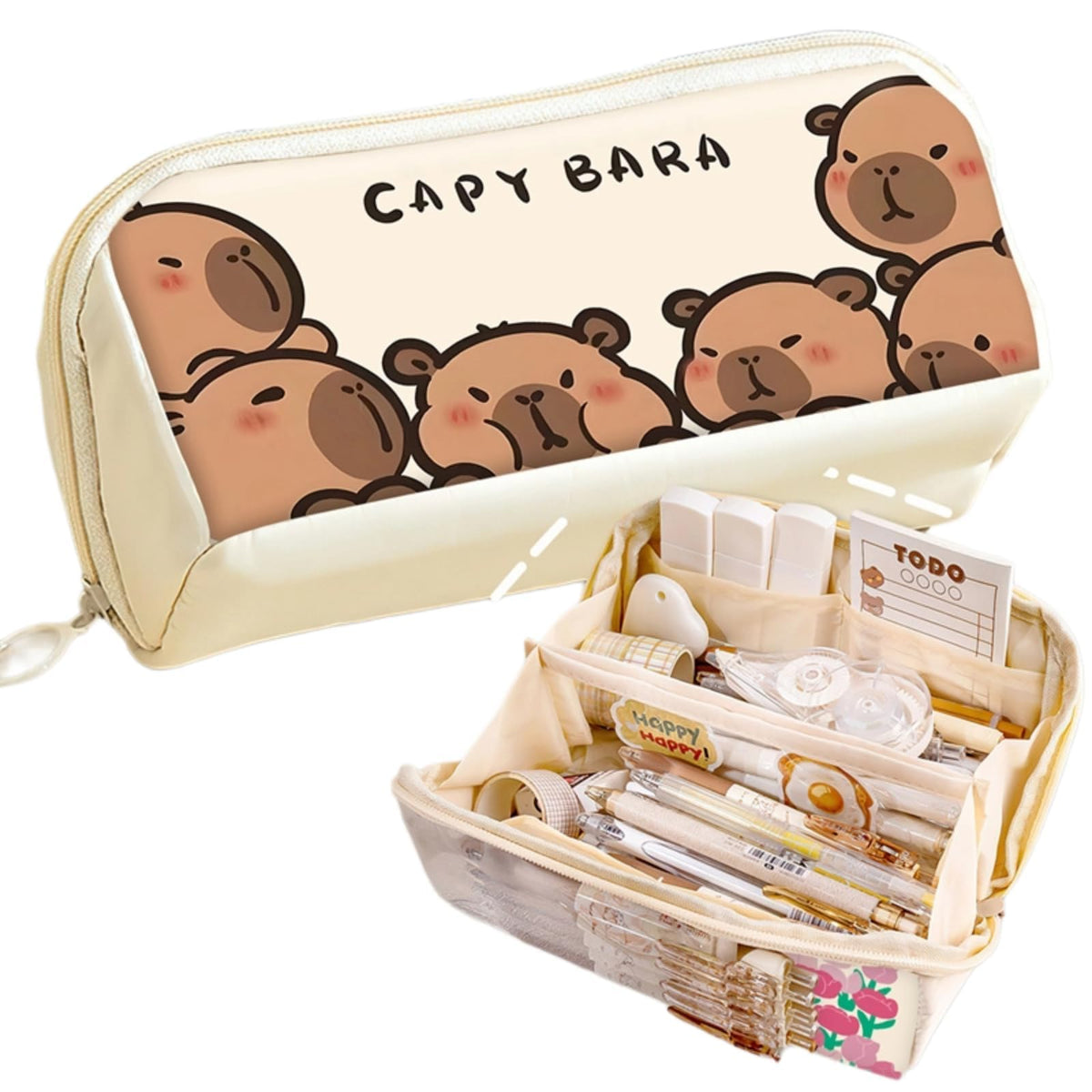 SIORTIO Pencil Pouch Multi-Layer Large Capacity Capybara Print Quirky Fun Cute (Beige-3)