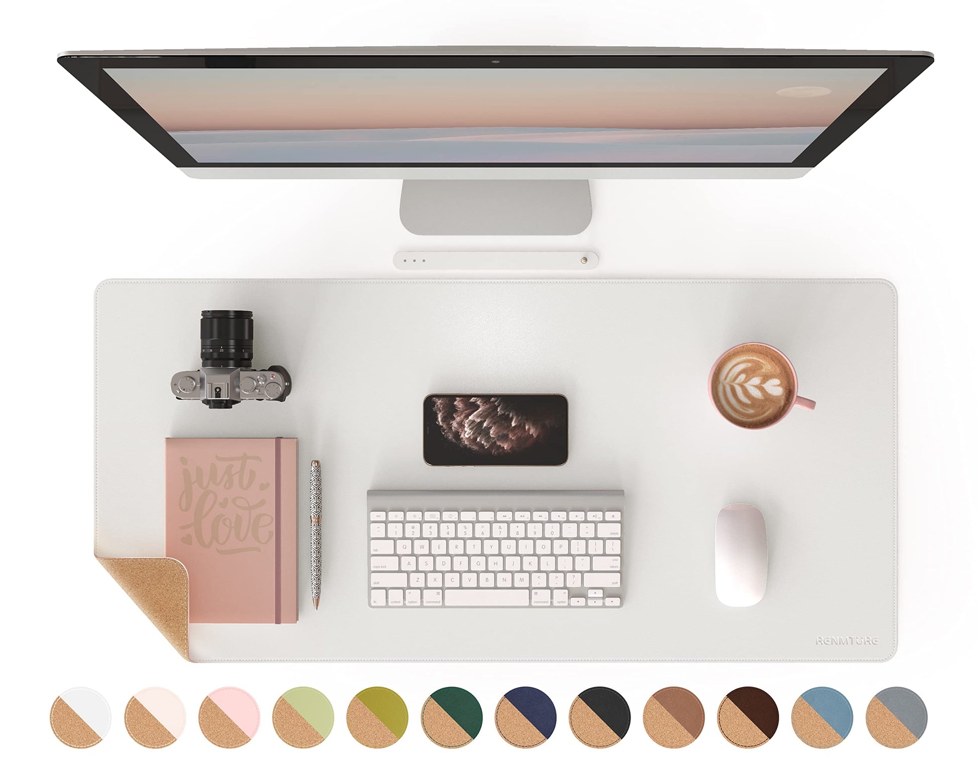 RENMTURE Dual-Sided Mouse Pad, Natural Cork & PU Leather Large Desk Pad for Office and Home Work