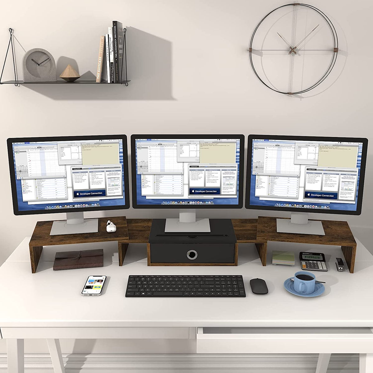 WESTREE Triple Dual Monitor Stand Riser with Drawer,Extra Large Adjustable for 2~3 Monitors,Solt