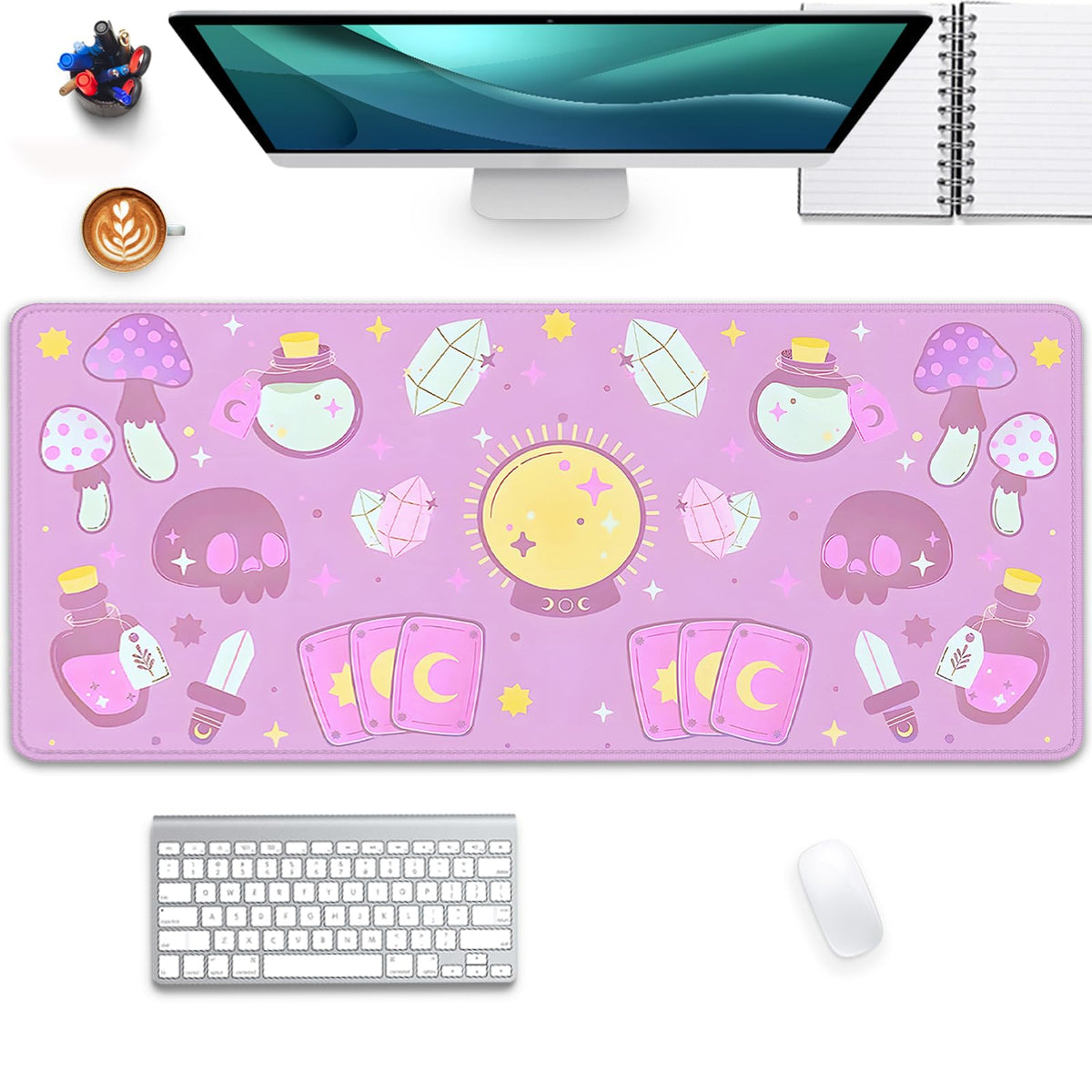 Kawaii Purple Desk Mat,Desktop Mat for Cute Witchy Elements Mouse Pad,Extended Keyboard Mousepad