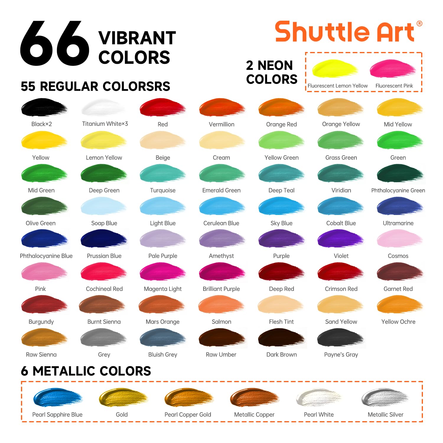 82 Pack Acrylic Paint Set, Shuttle Art 66 Colors Acrylic Paint with 10 Brushes, 22ml/0.74oz Tubes