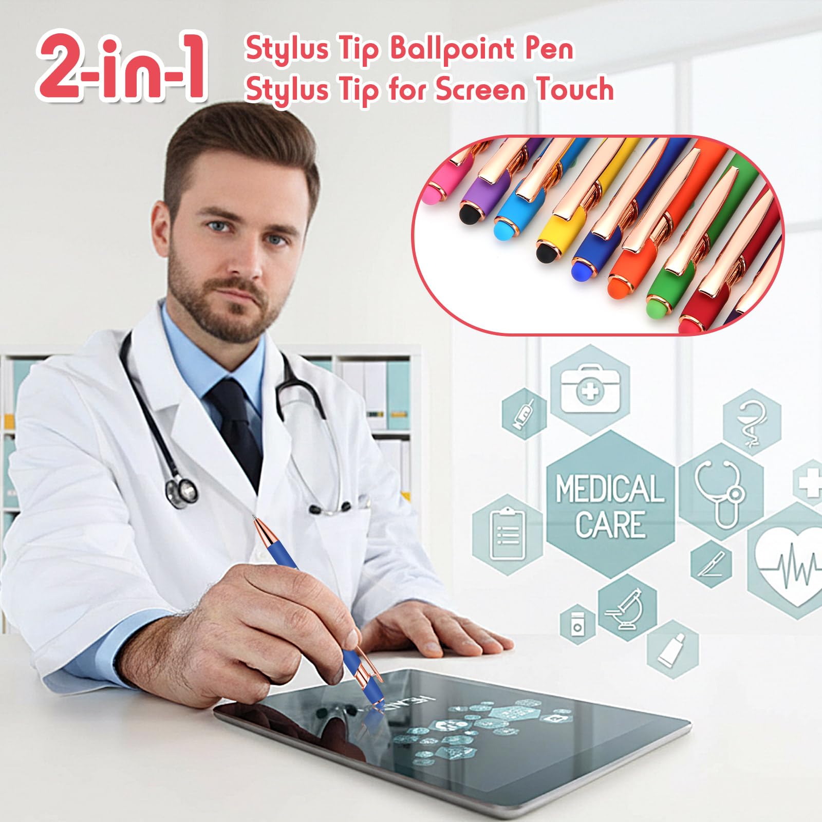 Yeaqee 100 Pieces Ballpoint Pen Bulk with Stylus Tip Click, Bright Colors
