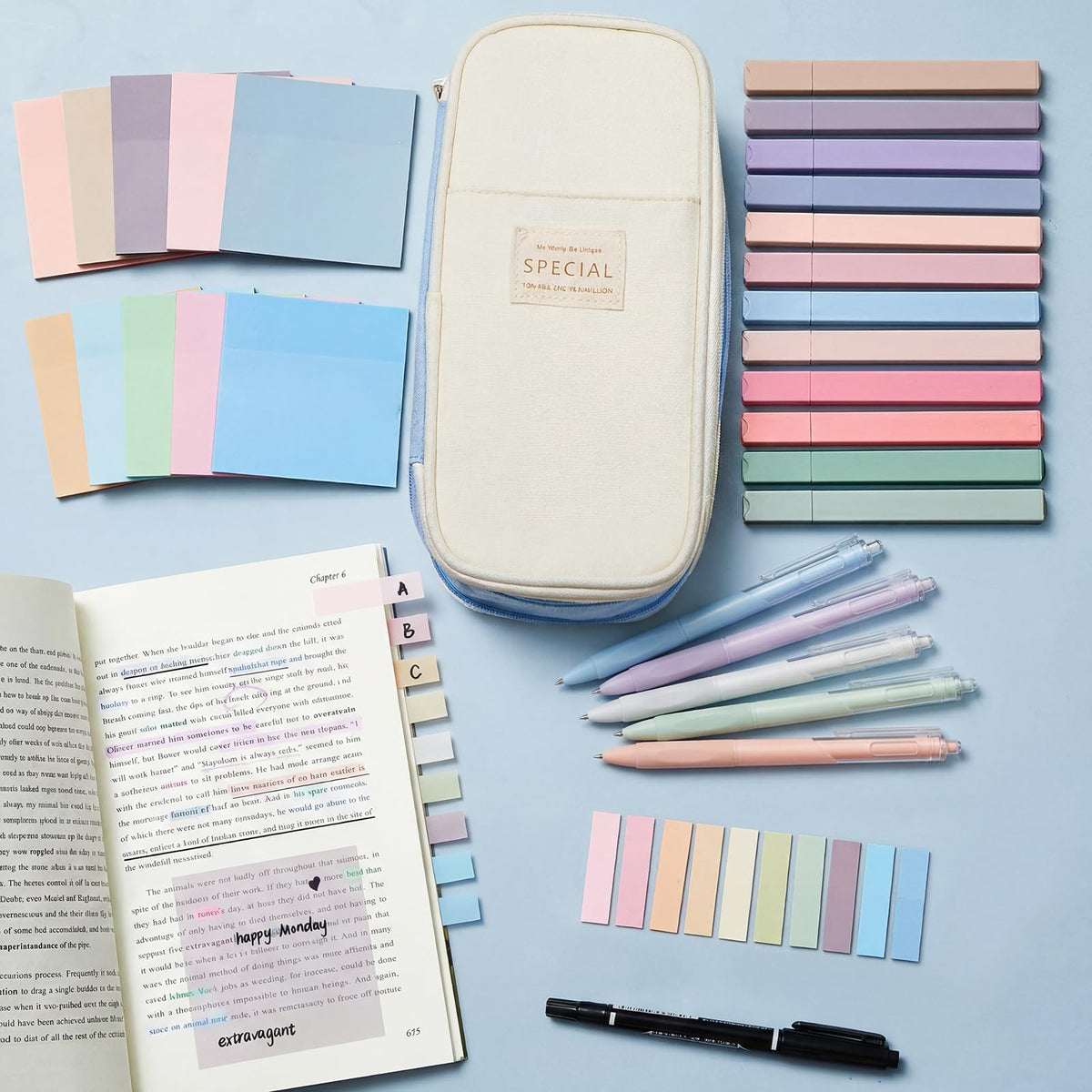 Jutom 39 Pcs Aesthetic Book Annotation Kit,Light Blue,Cute Style