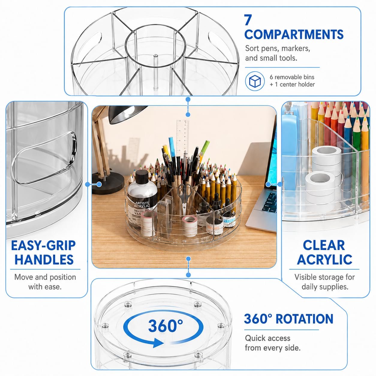 CraftGenes Clear Rotating Organizer, Acrylic Pen Holder, Marker Organizer