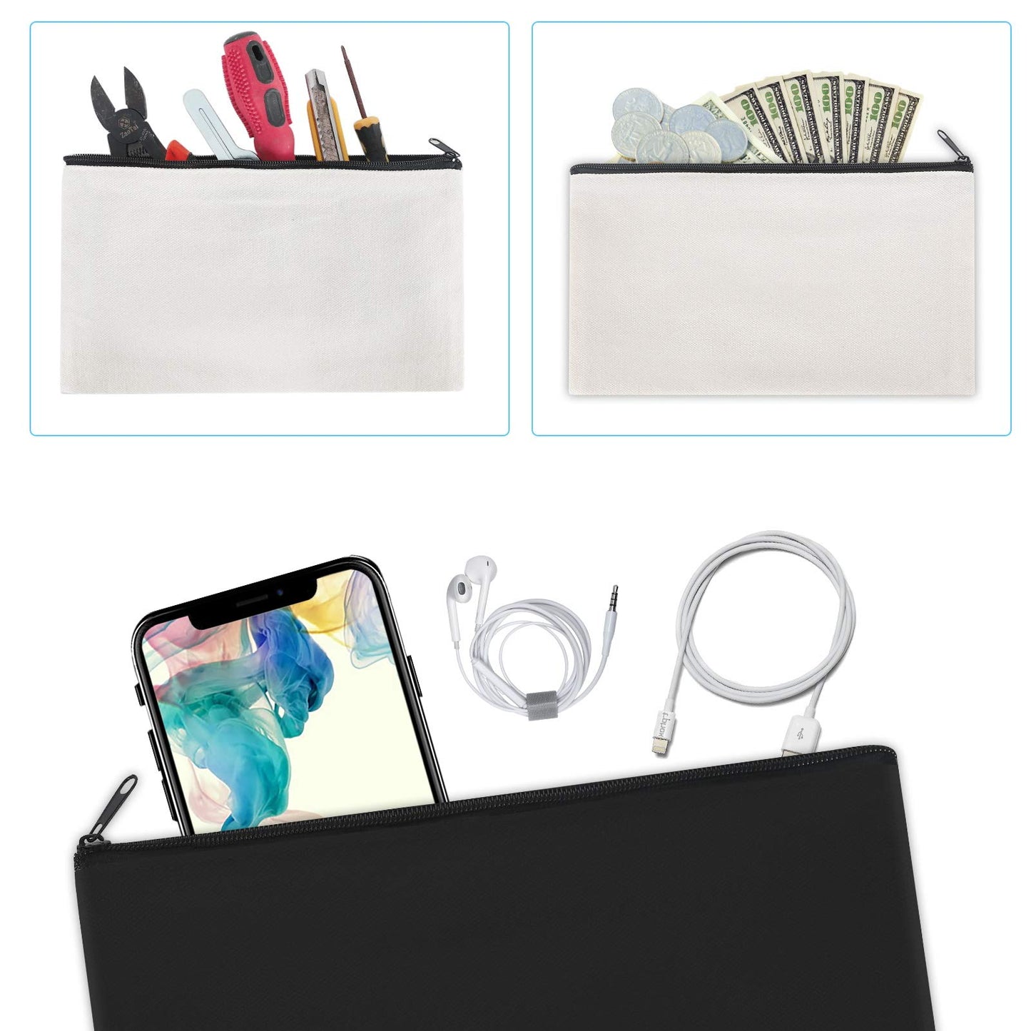 Sinzip 12 Pieces Black Cotton Canvas Makeup Bag, Multipurpose Cosmetic Bag with Zipper Travel
