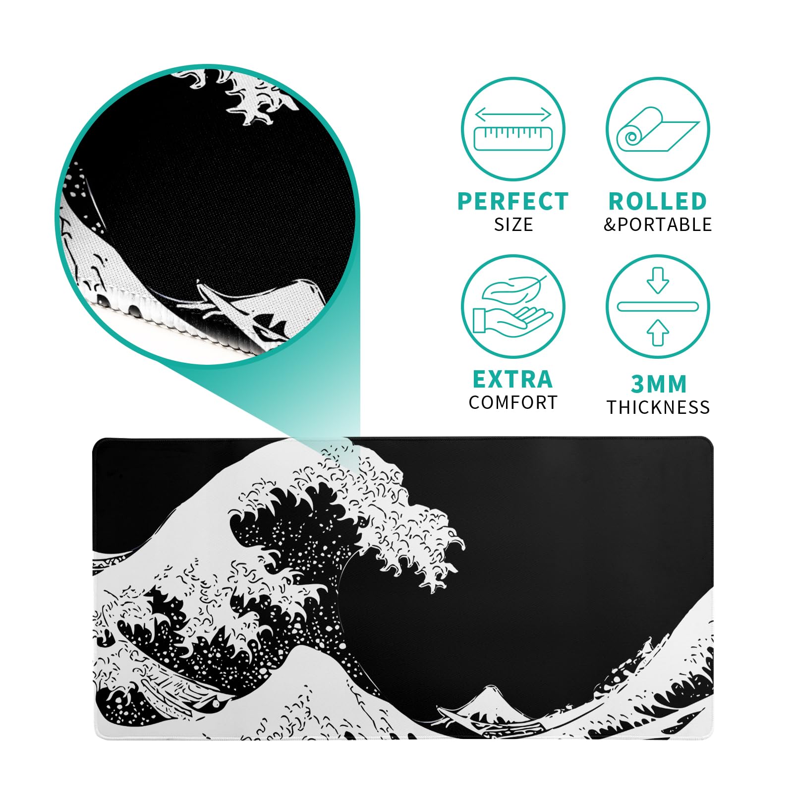 Japanese Sea Wave Large Mouse Pad, Abstract Black Gaming Mousepad, Extended Kanagawa Mat Desk Pad