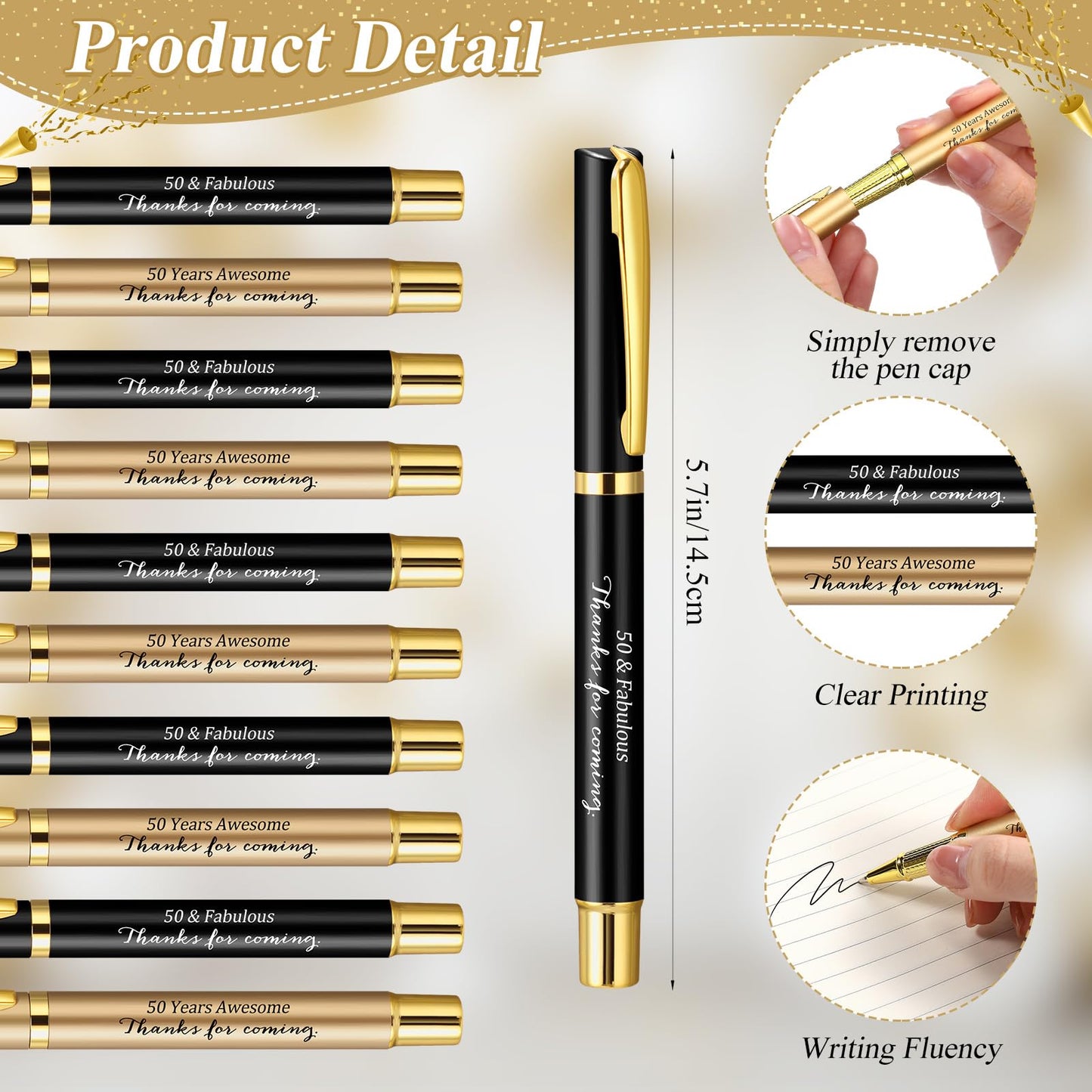 Feifeiya 50 Set 50th Birthday Party Favors with Black Gold Pens and Cards