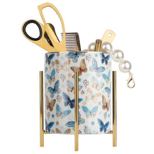 SIEBOLD Pencil Cup Sturdy Metal frame with white Ceramic Pen Holder For Desks and kitchen Appliance