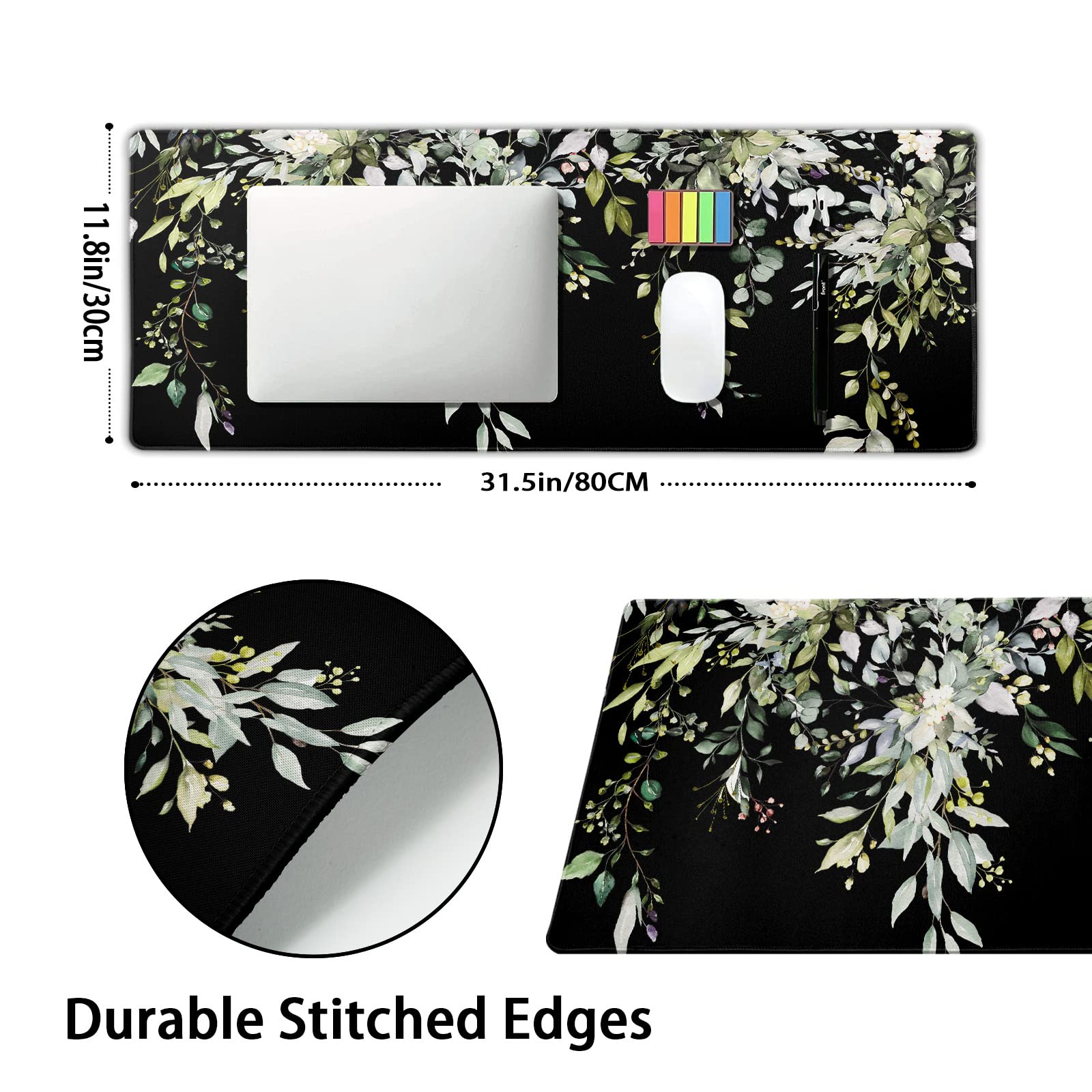 aportt Sage Green Leaves Gaming Mouse Pad XL Spring Summer Floral Extended Large Desk Mat Black Big
