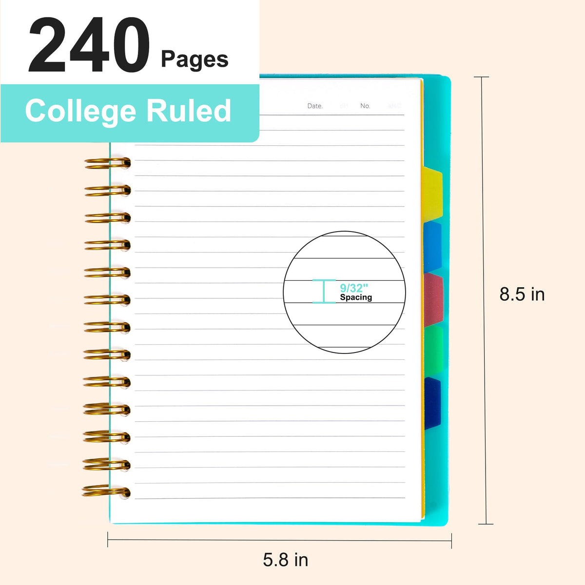 5 Subject Notebook College Ruled Spiral Notebook 5x7 with Removable Divider