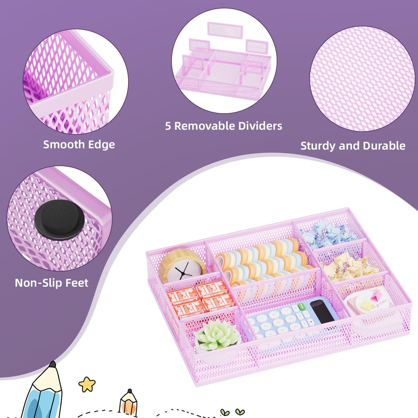 Marbrasse 2 Pack Desk Drawer Organizer, Mesh Drawer Organizer Tray with 8 Adjustable Compartments