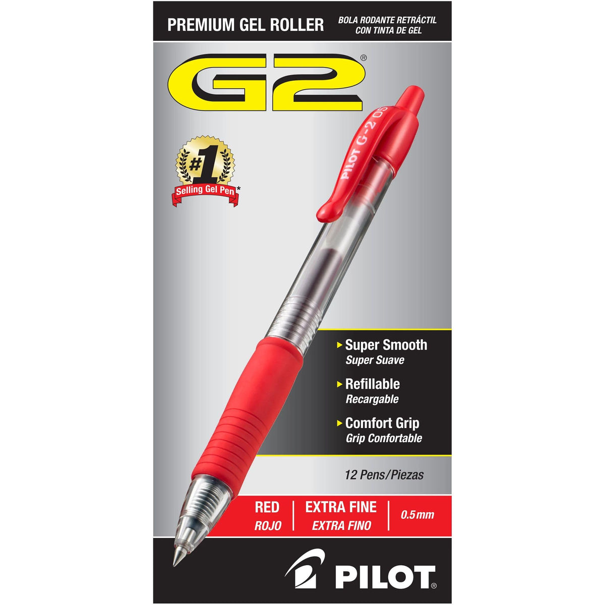 PILOT G2 Premium Retractable Rolling Ball Red Gel Pens, 0.5mm, 12-Pack