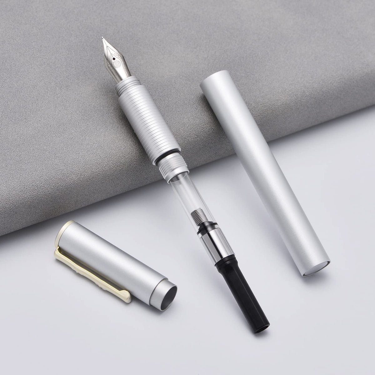 Hongdian H3 Fountain Pen Silver Bent Nib with Bamboo Pen Clip, Black Aluminum Alloy Writing Pen