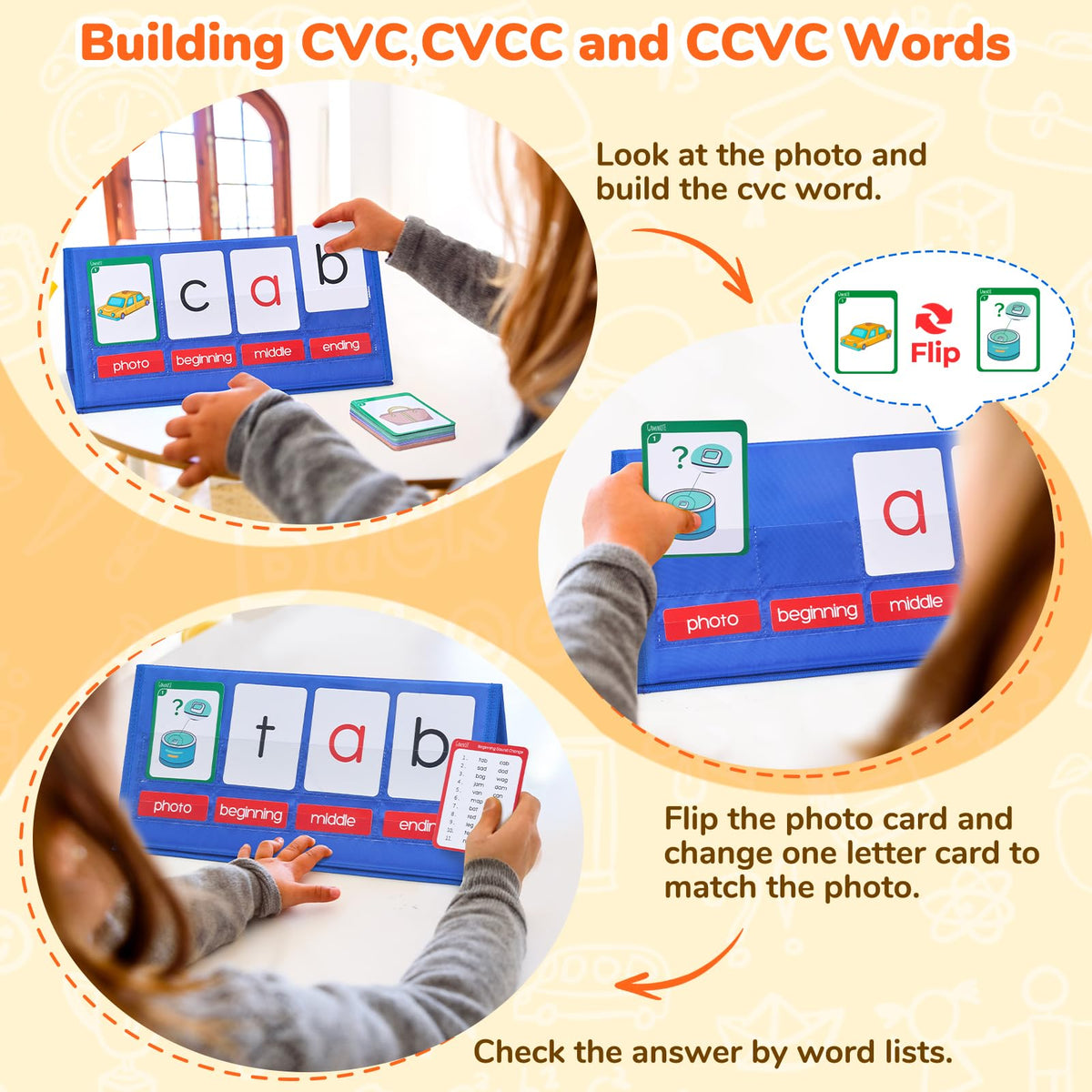 Gamenote CVC Word Builder Pocket Chart, Phonics Cards for Kindergarten