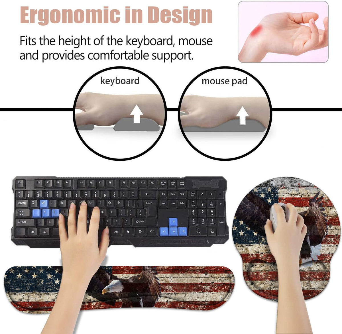 Keyboard Wrist Rest and Mouse Pad Wrist Support Set with Coasters, Non-Slip PU Base, Easy Typing
