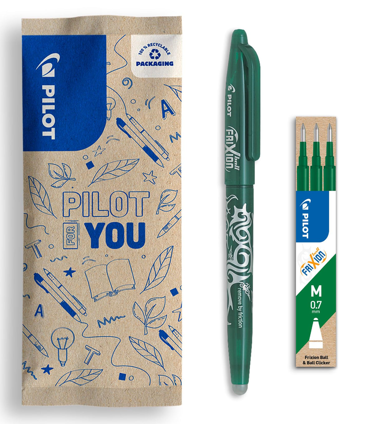 PILOT - FriXion Ball Clicker Erasable Rollerball Pen Set - Medium 0.7mm Tip - 1 x Green, 3 x Refills