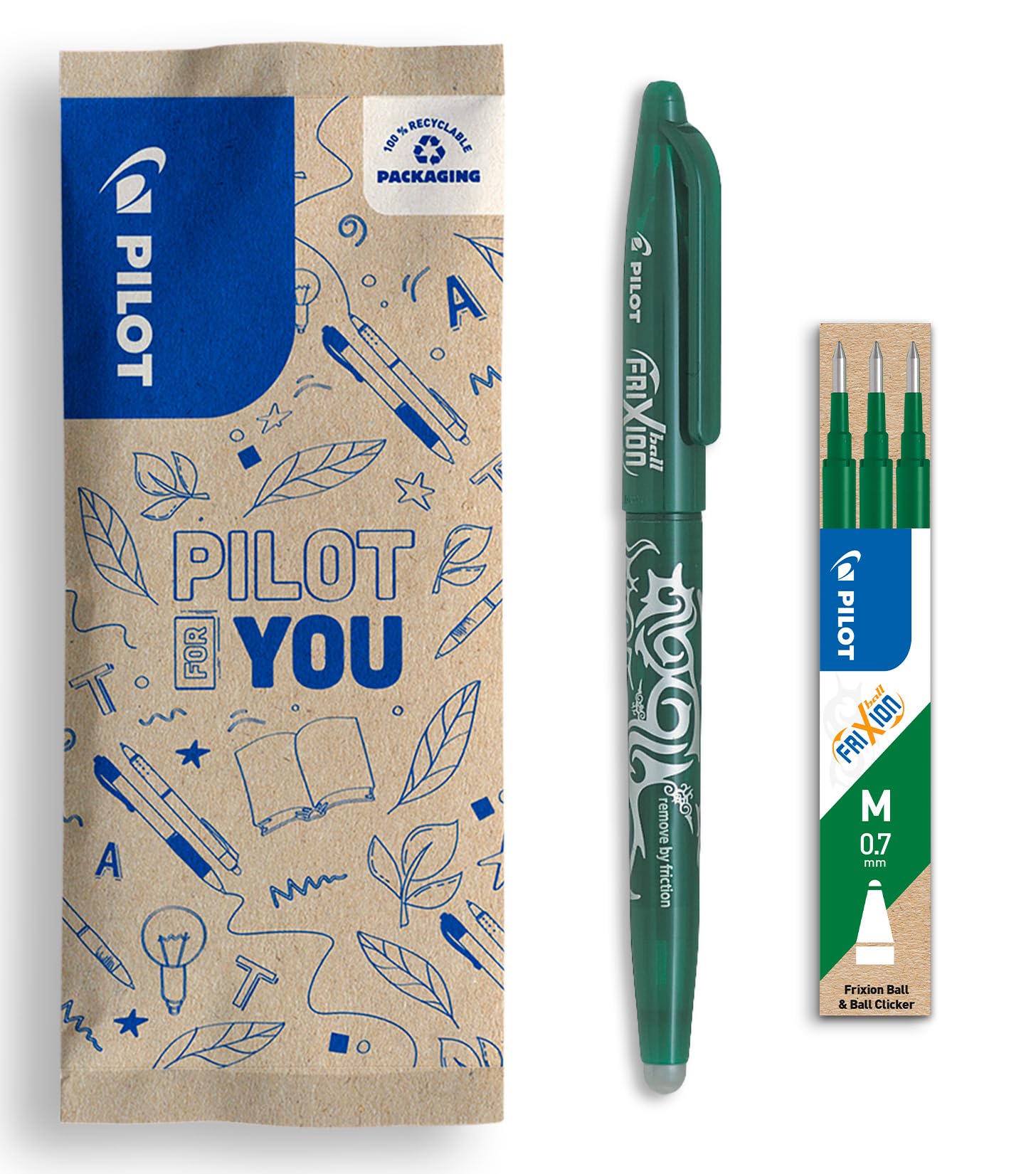 PILOT - FriXion Ball Clicker Erasable Rollerball Pen Set - Medium 0.7mm Tip - 1 x Green, 3 x Refills