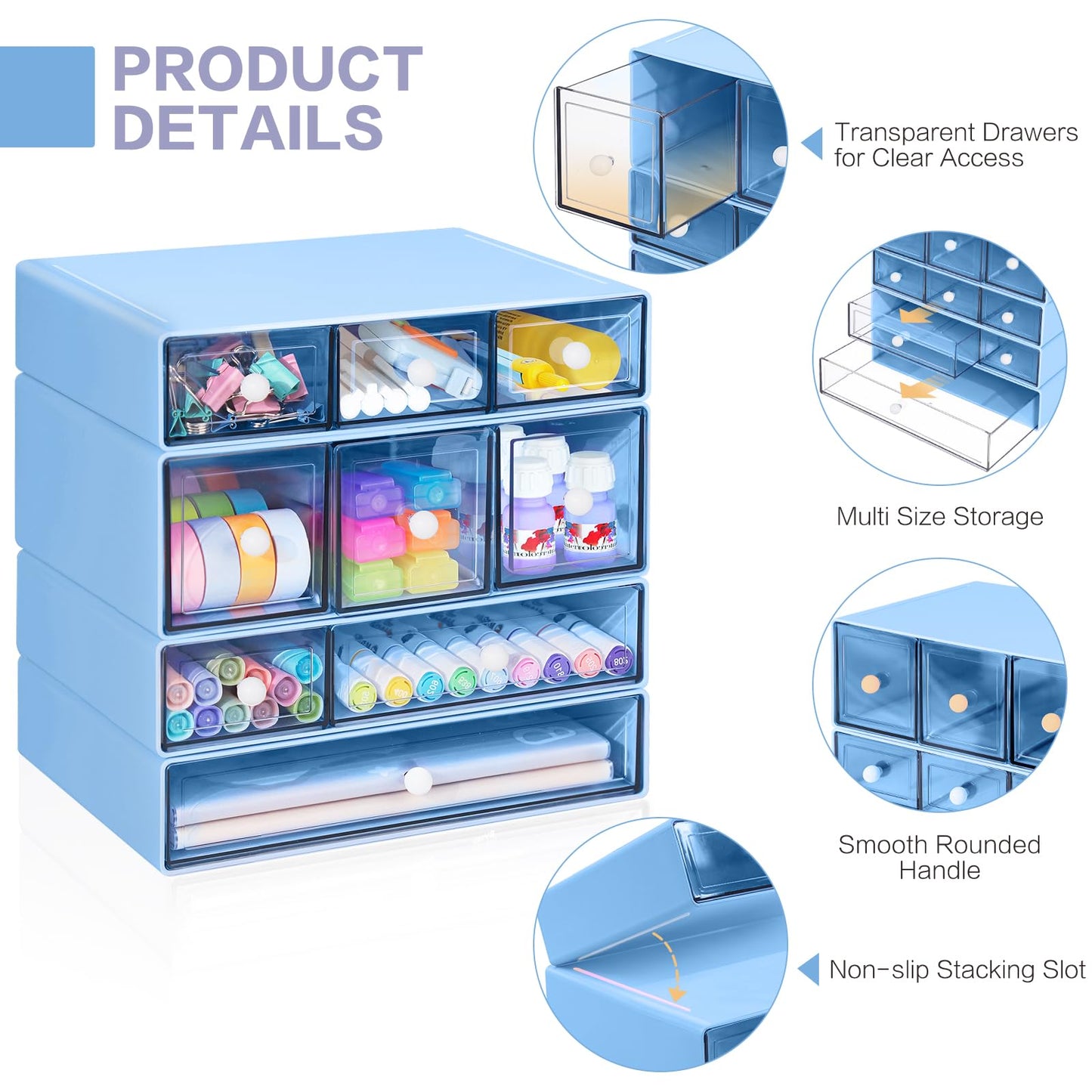 FODIENS Desk Storage Organizer with 9 Drawers, 4 Tiers Stackable Desktop Craft Storage Drawers