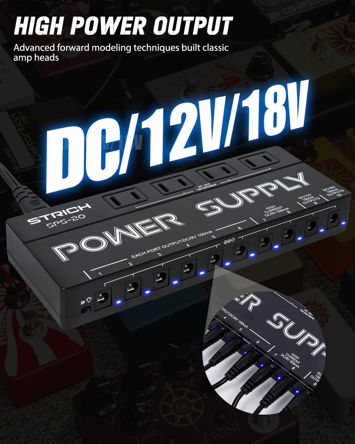 STRICH SPS-20 10-Output Pedal Power Supply for 9V/12V/18V Guitar Pedal