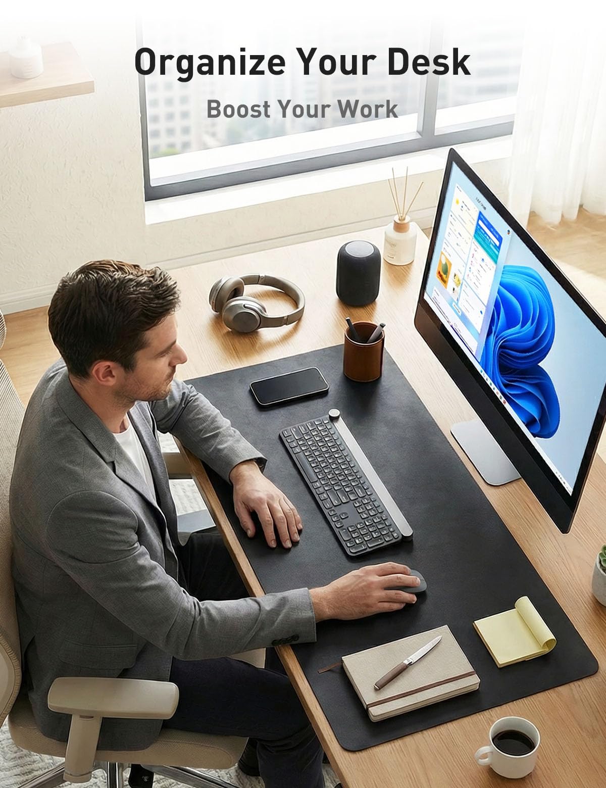 Aothia Faux Leather Desk Mat - Non-Slip PU Leather Desk Blotter, Waterproof Writing Surface, Large