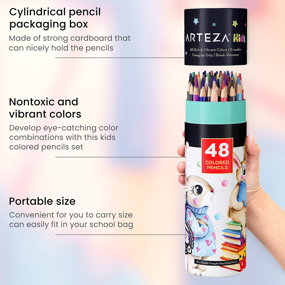 Arteza Kids Erasable Colored Pencils, Set of 48, Triangular Pencil Crayons, Pre-Sharpened, Art