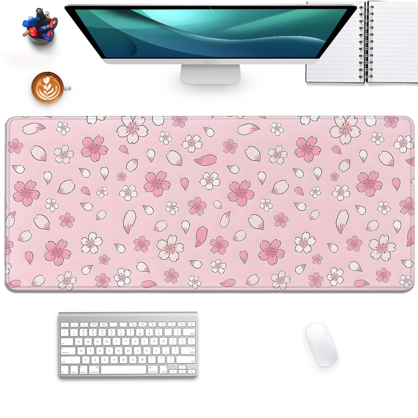 Japanese Cherry Blossoms Extended Desk Pad Mouse Pad,Large Gaming Floral Mouse Mat with Stitched
