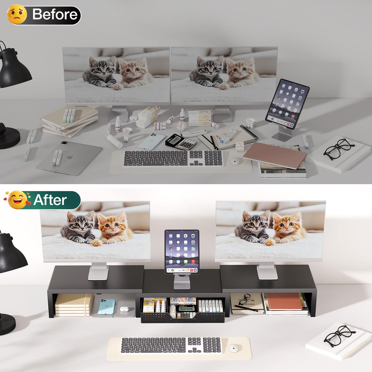 OPNICE Dual Computer Monitor Stand Riser, Desk Organizer with Drawer, Office Desk Accessories &