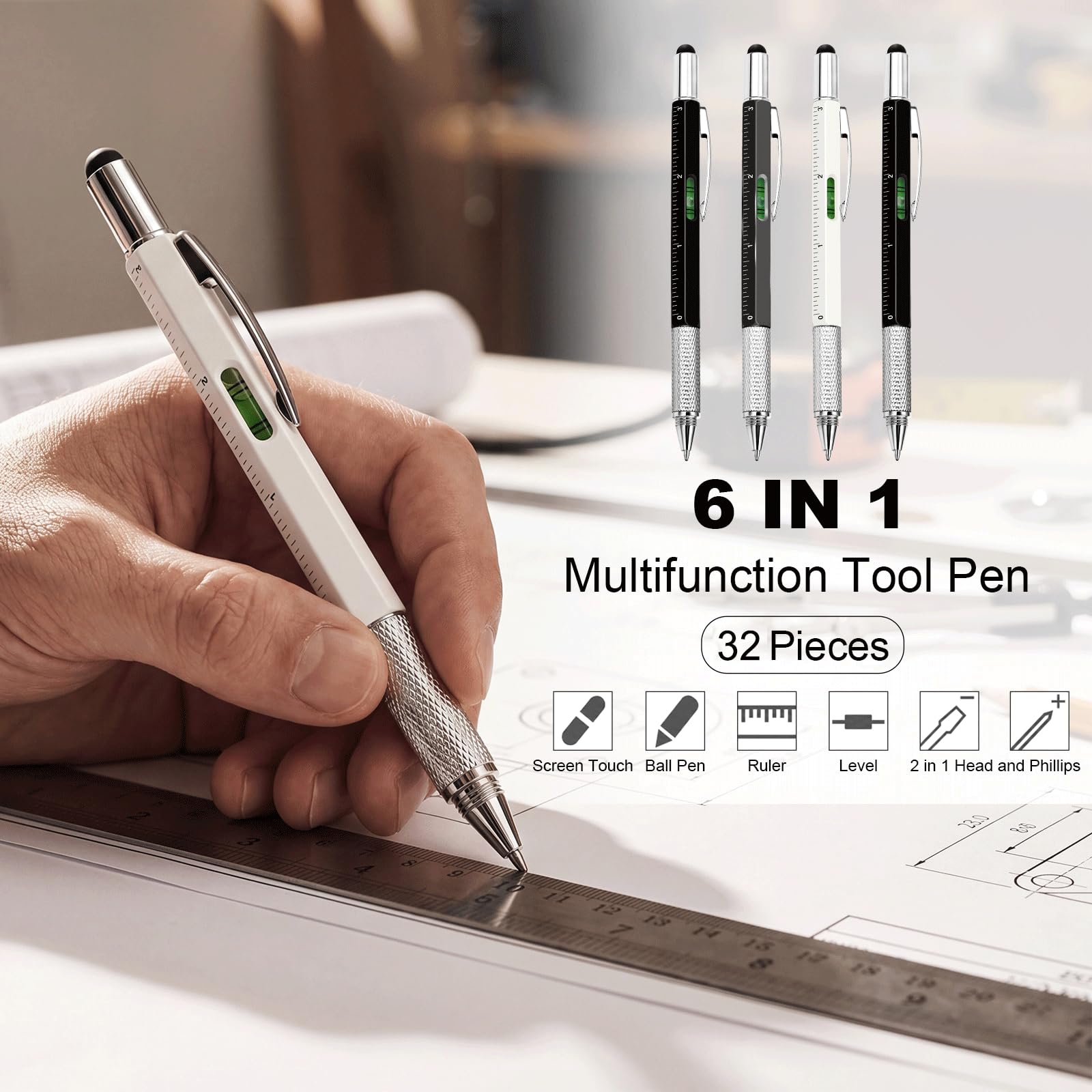 Zonon 32 Pack 6-in-1 Multitool Pens, Grey, Blue Gray