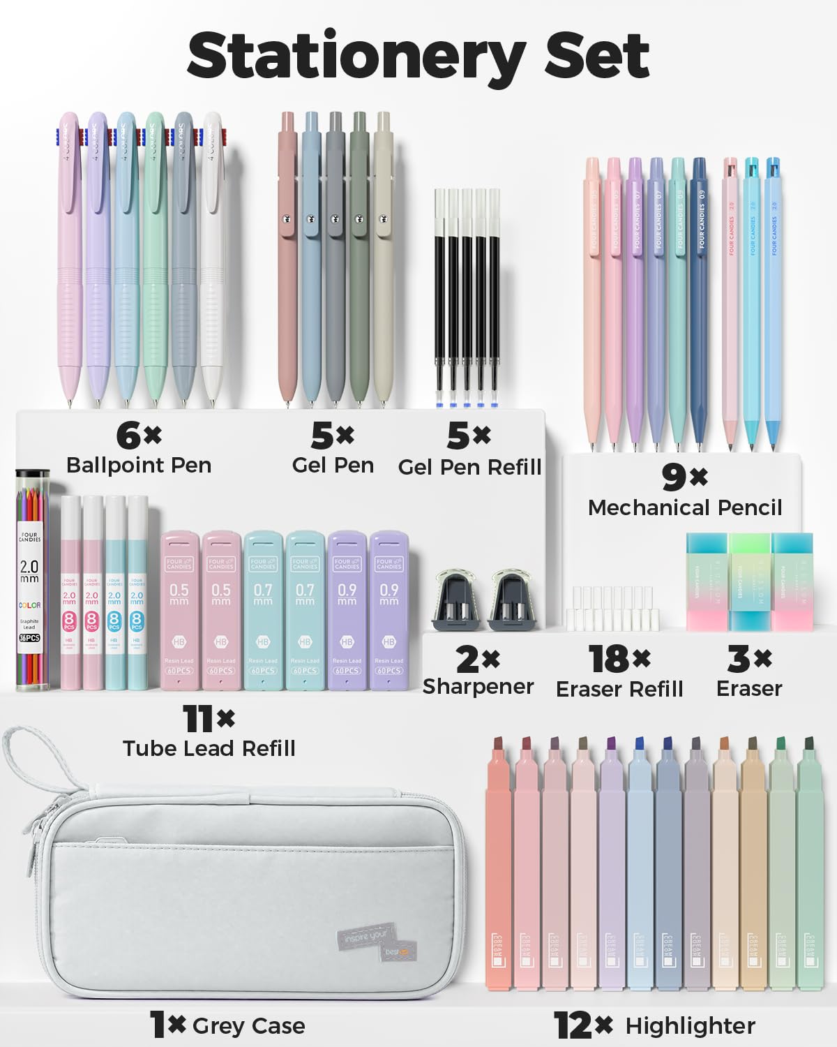 Four Candies 56 PCS Aesthetic School Supplies with Pencil Case (Grey)